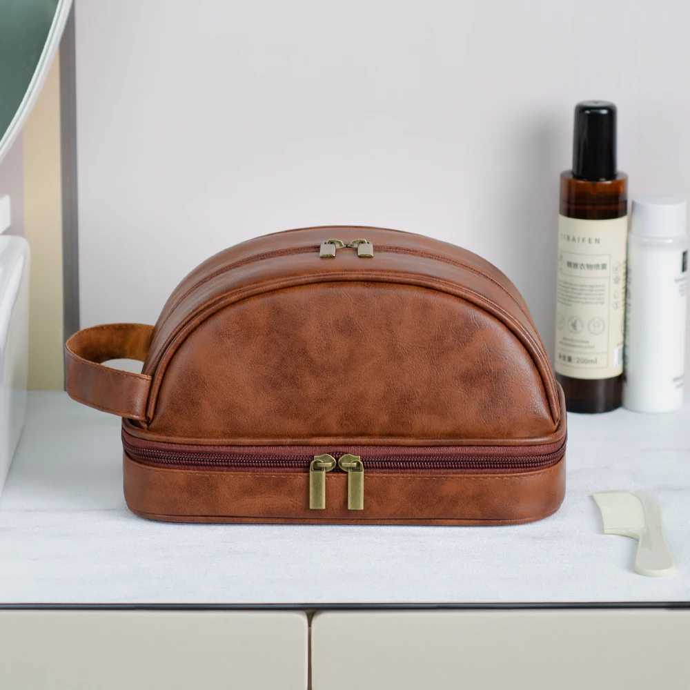 Mens leather makeup bag for travel mens highend sense large capacity storage travel wash bag waterproof toiletry bagW251021