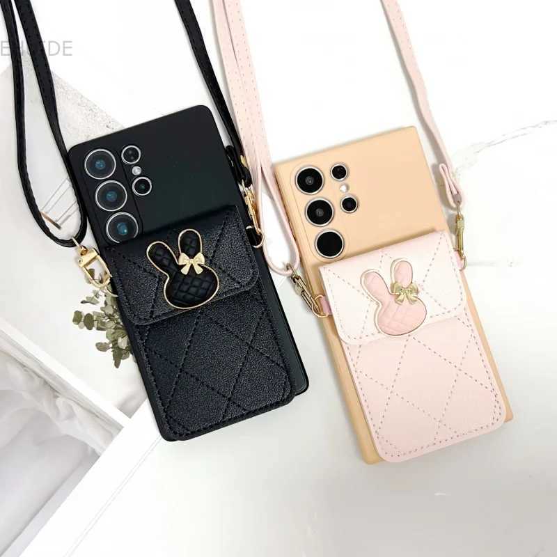 Case for Galaxy S25 Ultra S20 S21 S22 S23 FE S24 Plus Rabbit Wallet Bag Card Crossbody Leather Lanyard Neck Strap Cover J251114