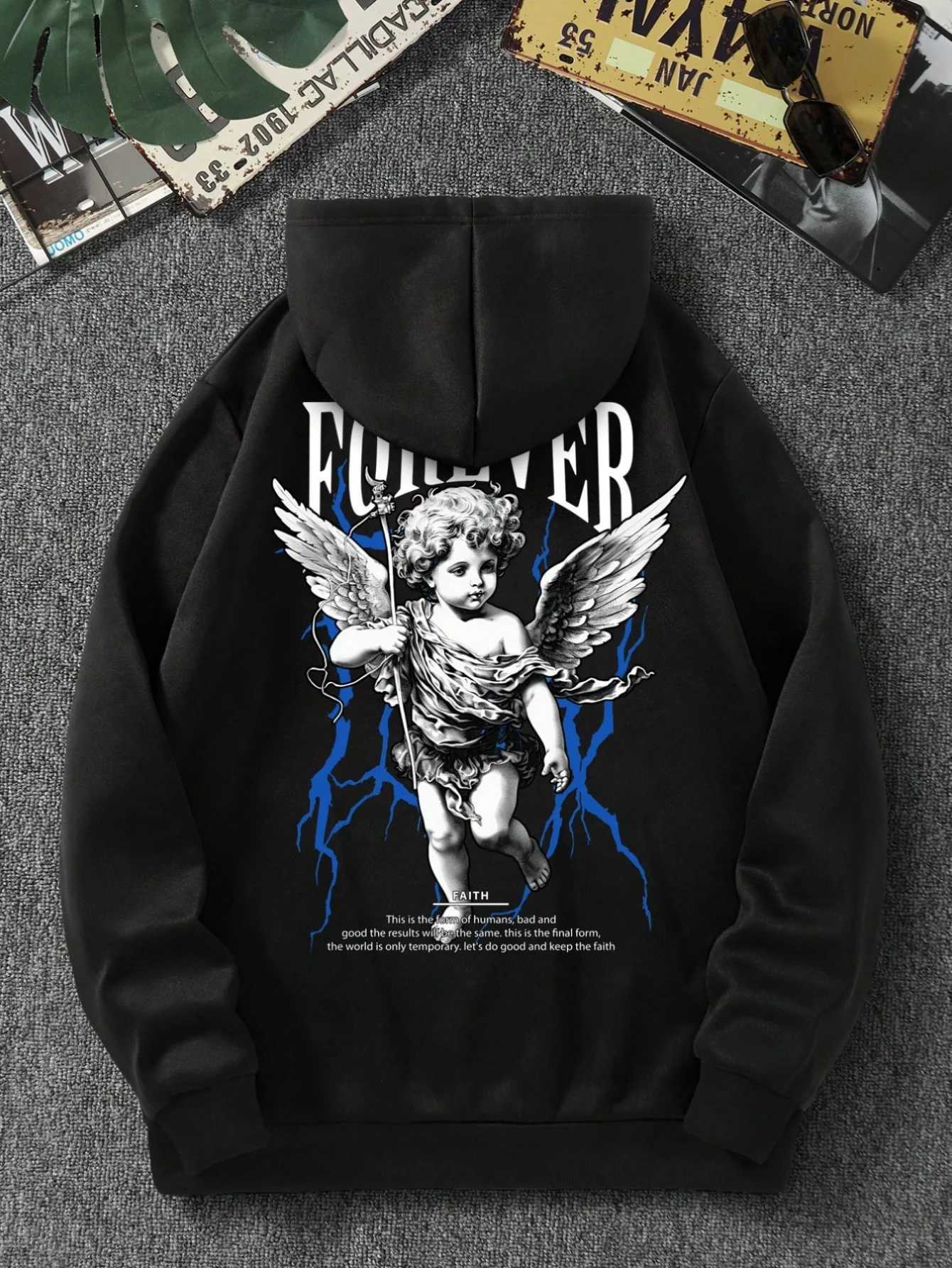 European and American mens autumn angel print comfortable soft hooded sweatshirt outdoor urban high street clothing W251021