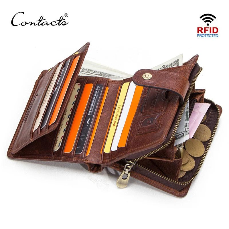 CONTACTS Genuine Leather Short Wallets for Men RFID Vintage Coin Purse Card Holder Male Money Clip Womens Wallet Bag Handbag 251013