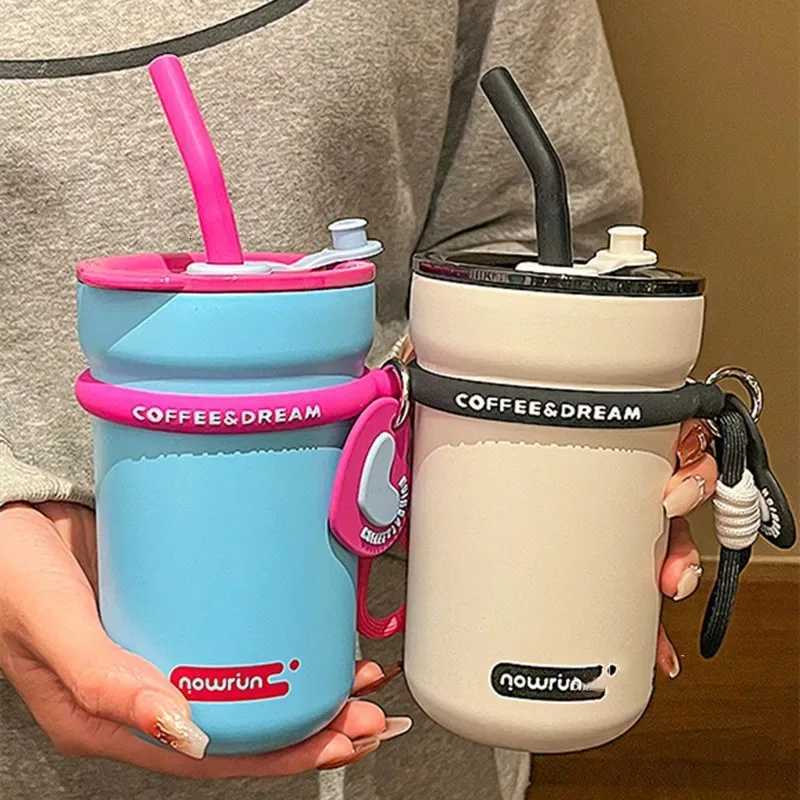Fashion stainless steel coffee cups with straws largecapacity leakproof vacuum bottles cold drinks bottles and travel cups Y251021