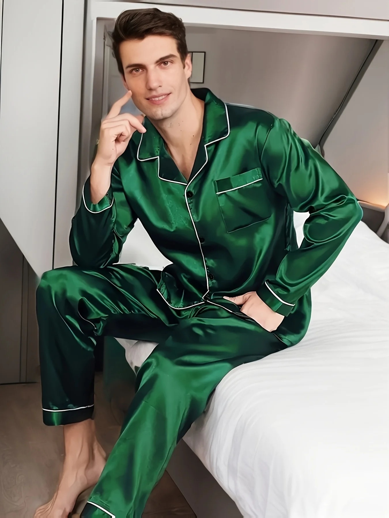 Men Pajama Sets Microfiber Sleepwear For Sleeping Man Shirt Silk Long Sleeve Pyjama Male Home Night Wear Plus Size Loungewear 251021