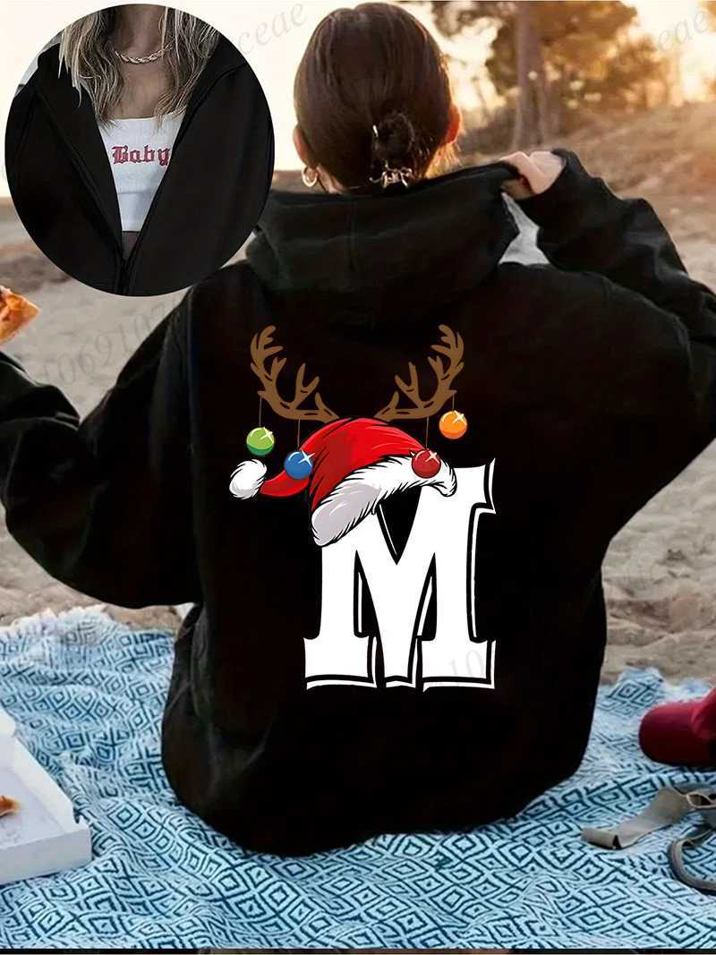 Retro Print Reindeer Hat Alphabet Style Hoodie Y2k Harajuku Casual Zipper Hoodies Sweatshirt Xmas Party Fashion Street Clothing W251021