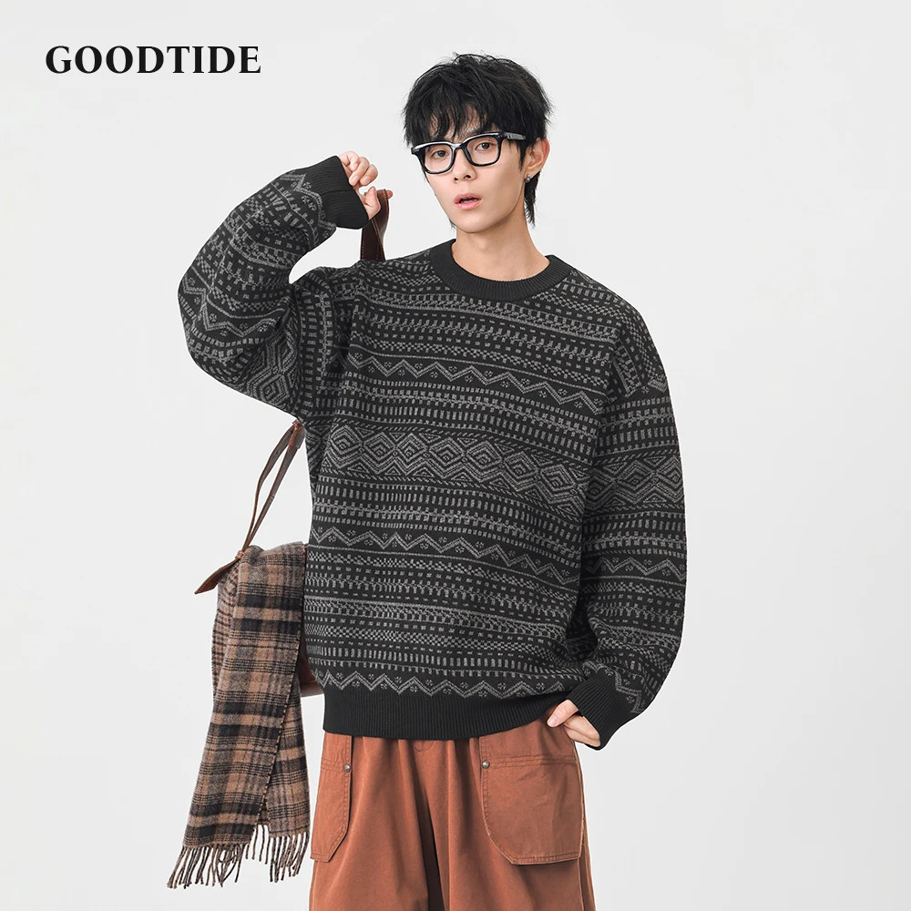 Fashion Mens Casual Crew Neck Sweater 2025 Winter Ethnic Pattern Knitted Pullover Comfortable Soft Long Sleeve Jumper Top 251020