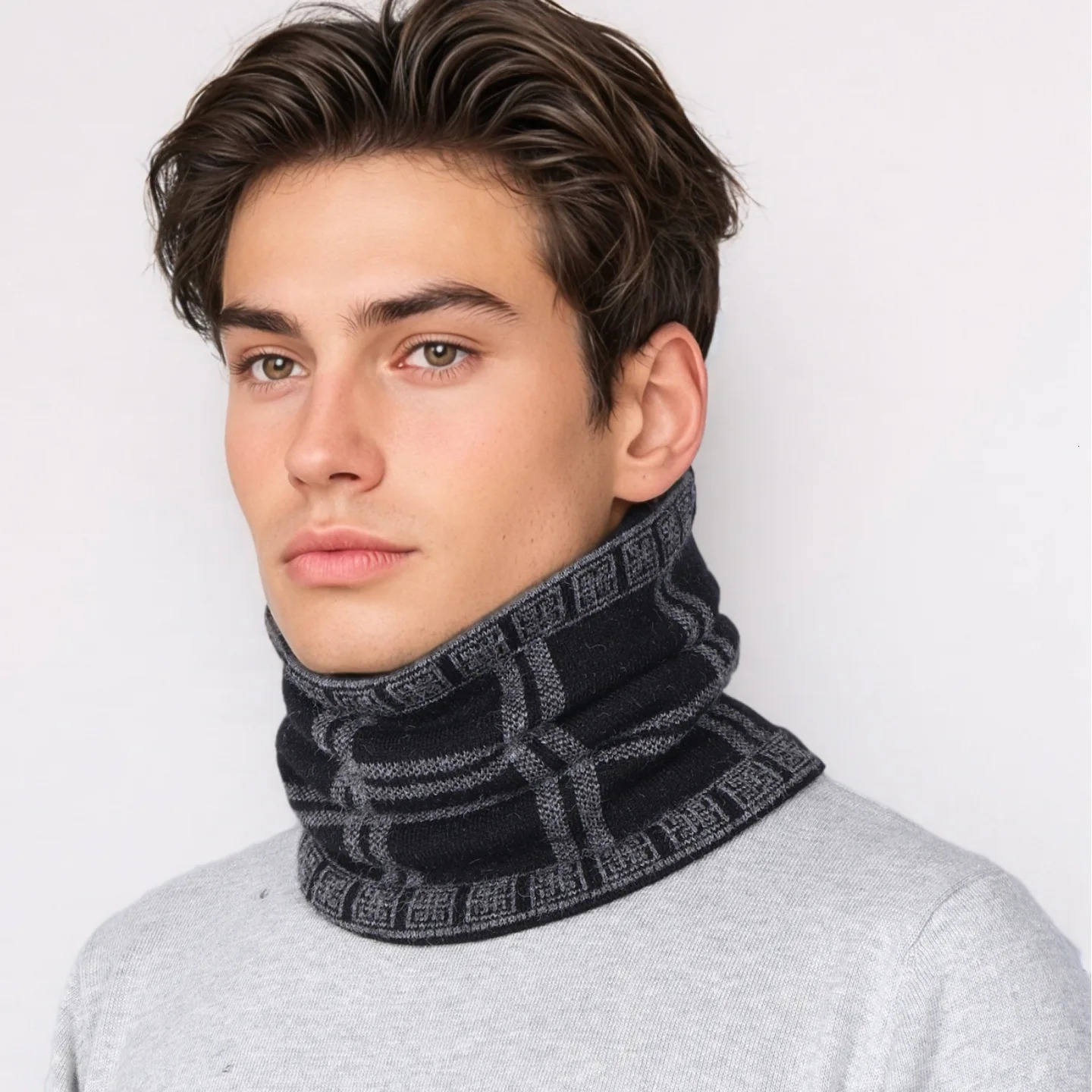 Winter Men Windproof Thickened Neck Gaiter Cashmere Warm Plaid Neckerchief Fashion Simple Knit Neck Cover Ring Scarf 251021