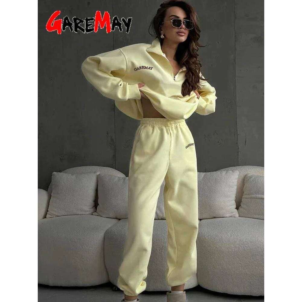 Spring Women's Tracksuit With Zipper Cotton Oversize Classic Pink Two Piece Set Casual Yellow Trouser Suits For Women