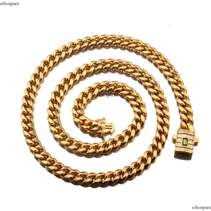 6mm-14mm Hip Hop Stainless Steel Miami Cuban Link Chain Real Gold Plated T Zircon Clasp Mens Necklace Jewelry
