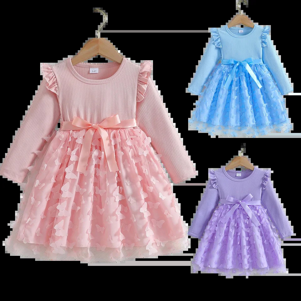Custom Made Girls Dresses Girl Three Butterfly Sweet Mesh With Belt Long Sleeved Dress Vestidos De Beb 251021