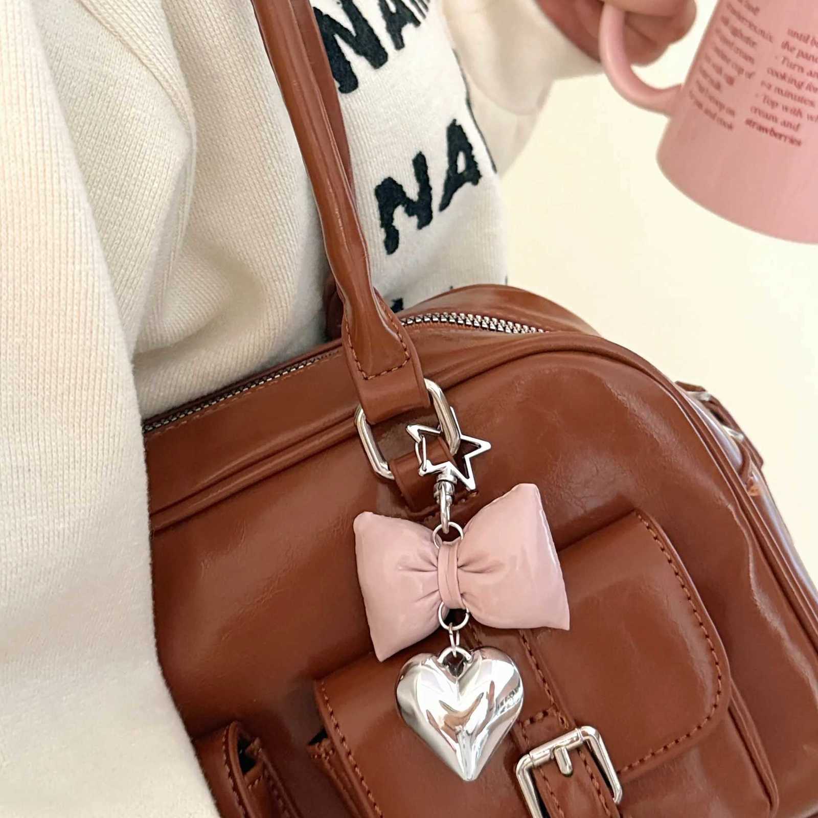 14 Pcs Lmitation Leather Bow Heart Pendant Bag Keychain Pendant Versatile Small Ornament W251021