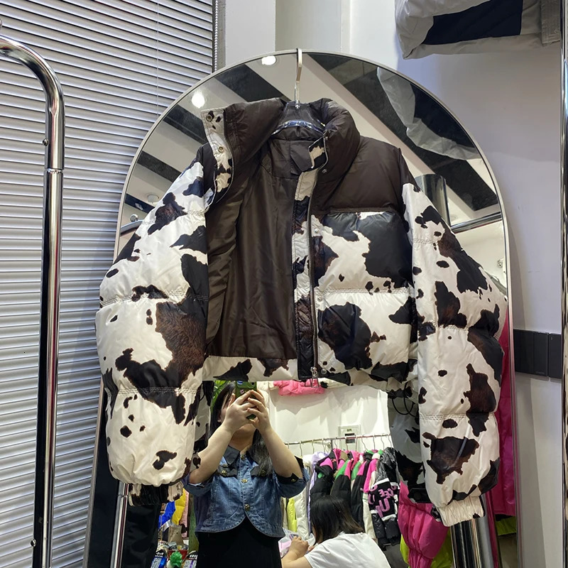 Winter Stand Collar Milk Print Short Parker Down Jacket Women White Duck Puff Warm Female Zipper Drawstring Outwears 251017