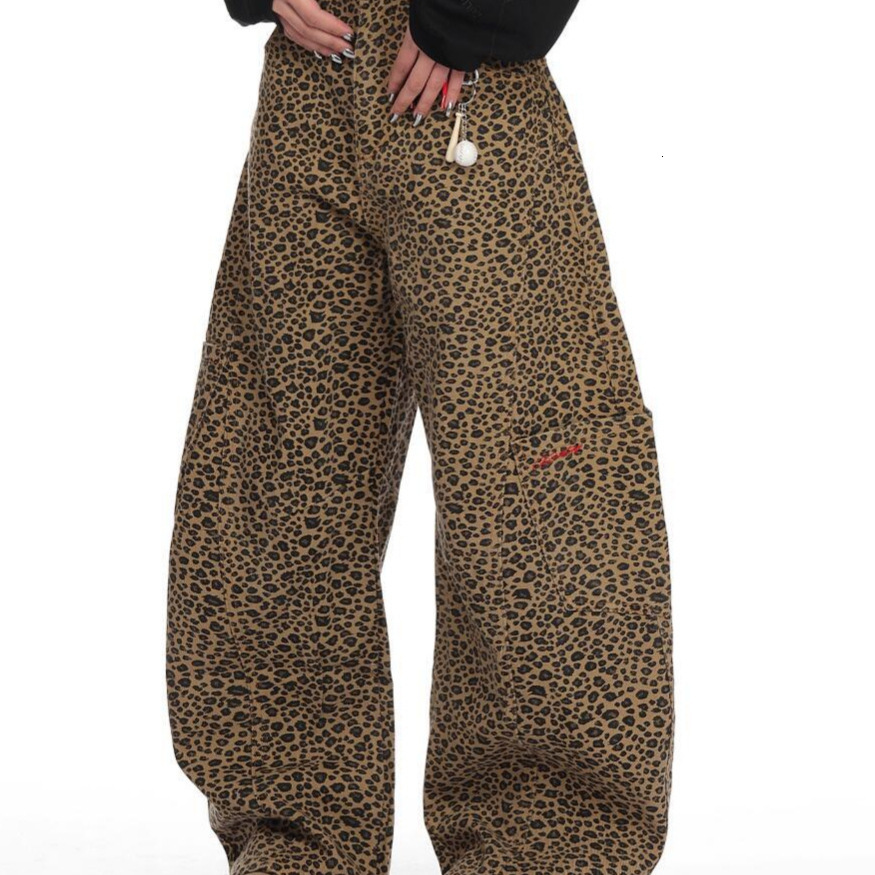 2025 vintage leopard print designer printed large pocket curved knife jeans wide leg pants loose fit autumn and winter new fashion casual women's