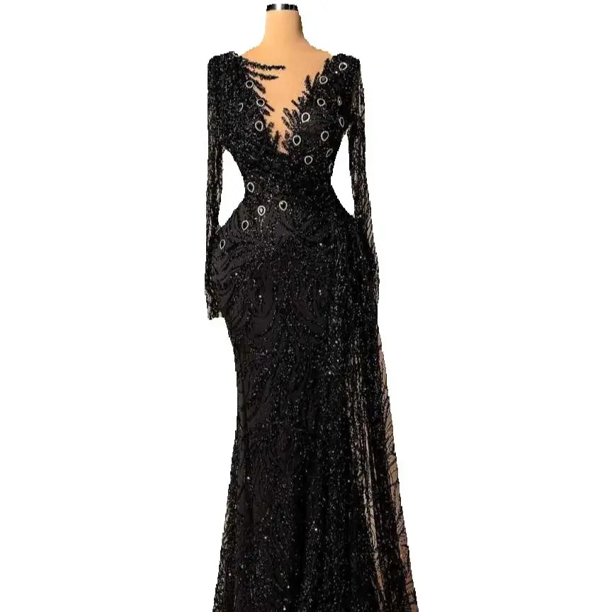 Modern Mermaid Evening Dress Long Sleeve Prom Gowns O-Neck Beads 3D-Lace Satin Sexy Prom Dress vestidos de novia Size Customized Robes De Mariee L2526