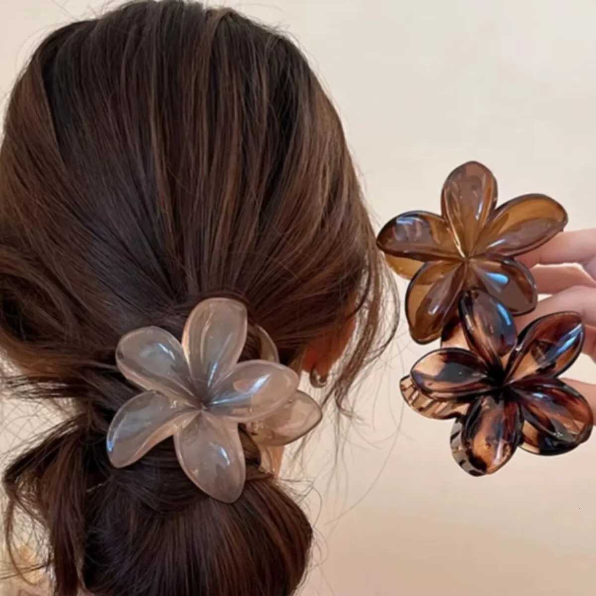 Womens Laser Mermaid Princess Flower Shaped 8cm315in LargeSize Brown Beige Lightweight Plastic Hair Clips FashionableW254021