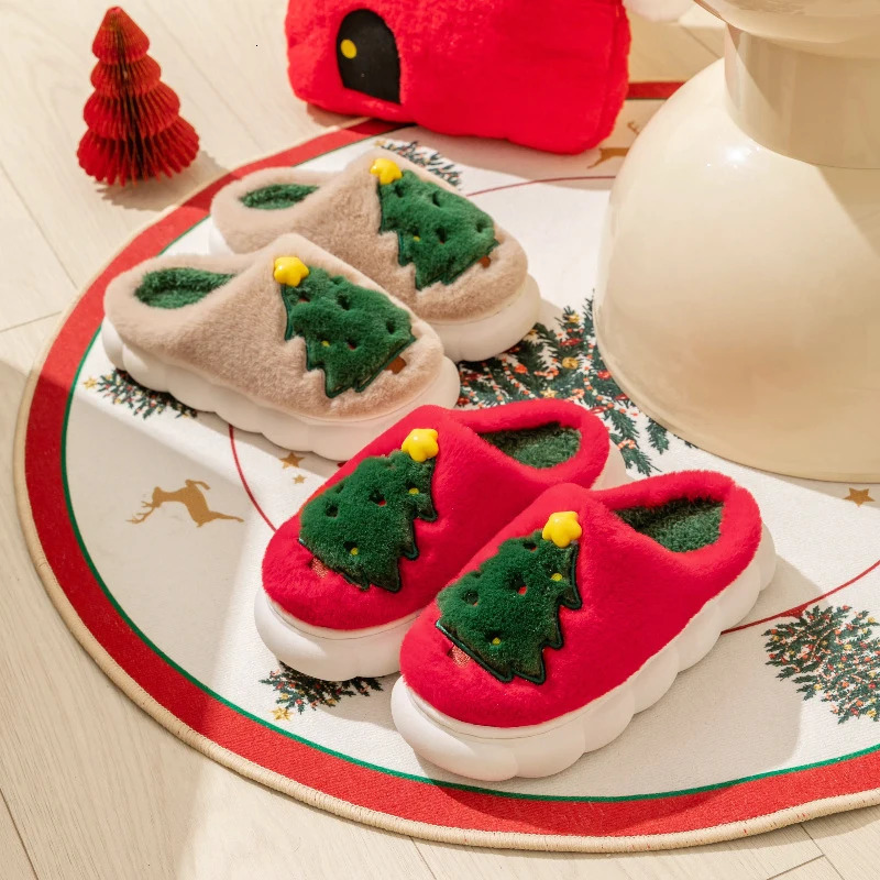 Christmas Tree Womens Slippers Flat Fluffy Cartoon Winter Woman Shoes Home Plush Fuzzy Fur Slides Soft Sole 251021