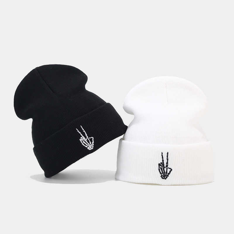 Autumn Winter High Quality Skull Finger Embroidery Knitted Hat Men and Women Fashion Hip Hop Hat Hat H251020