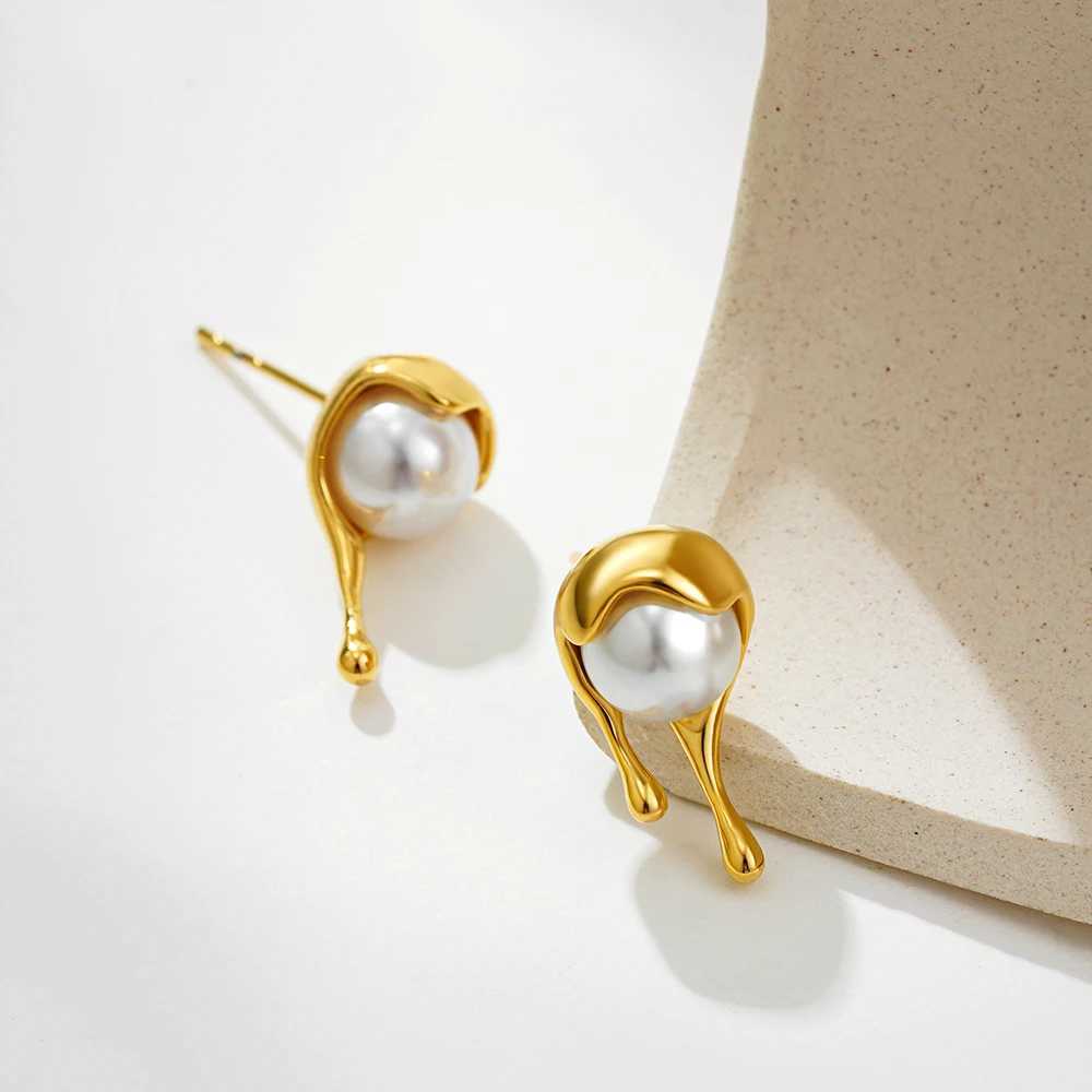 Irregular Molten Droplets Pearl Stud Earrings Stainless Steel Metal Waterdrop Earring Unusual Jewelry for Women J251021