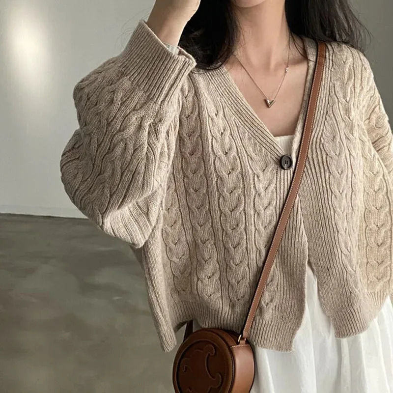 Retro Vneck Twist n Longsleeved Short Knitted Cardigan Elegant Solid Sweater Jacket AutumnWinter Womens Clothing 251017