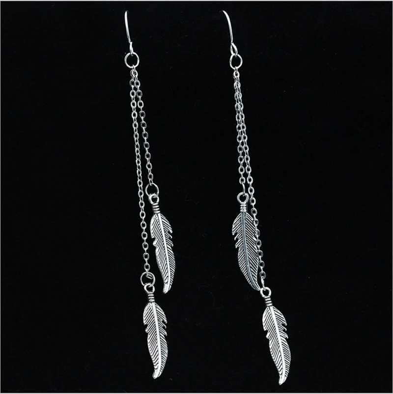 Vintage Feather Tassel Long Dangle Earrings for Women Fashion Silver Color Leaf Metal Drop Earrings Simple Statement Jewelry J251021