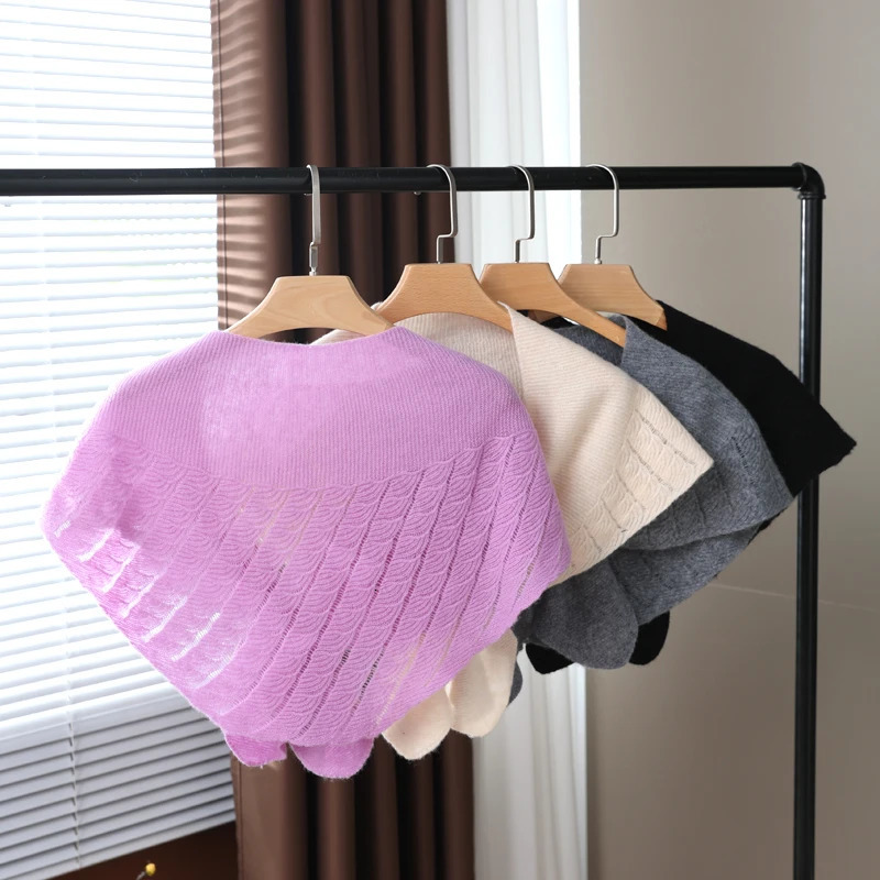 100Wool Knitted Triangle Shawls Women Hollow Out Fashion Poncho Blouse Shoulder Collar Cape Soft Warm Neck Scarves Girl 251021