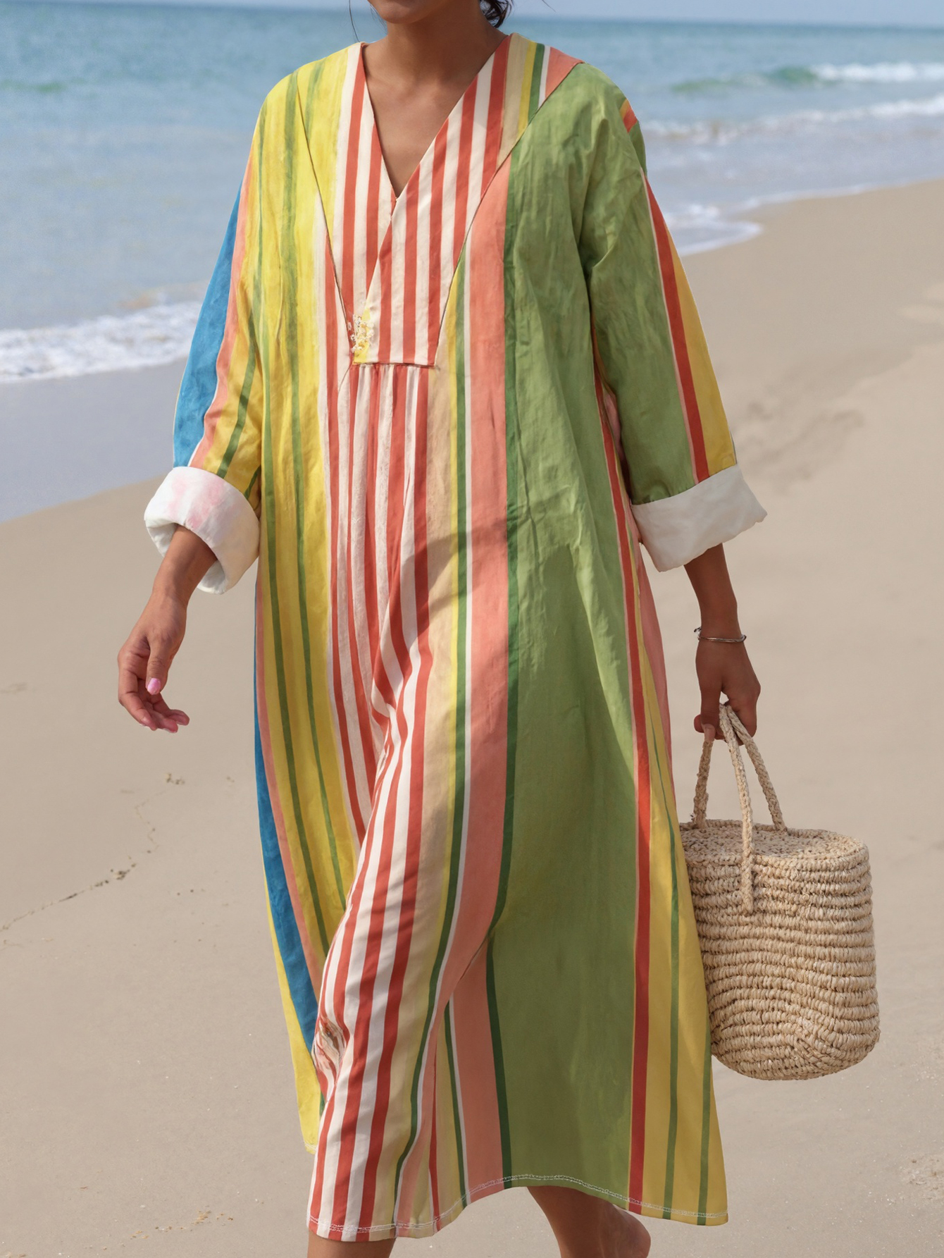 Women's Autumn New Striped Printed Deep V-Neck Beach Vacation Dress, Milk Silk Casual Versatile Long Dress-CF50882