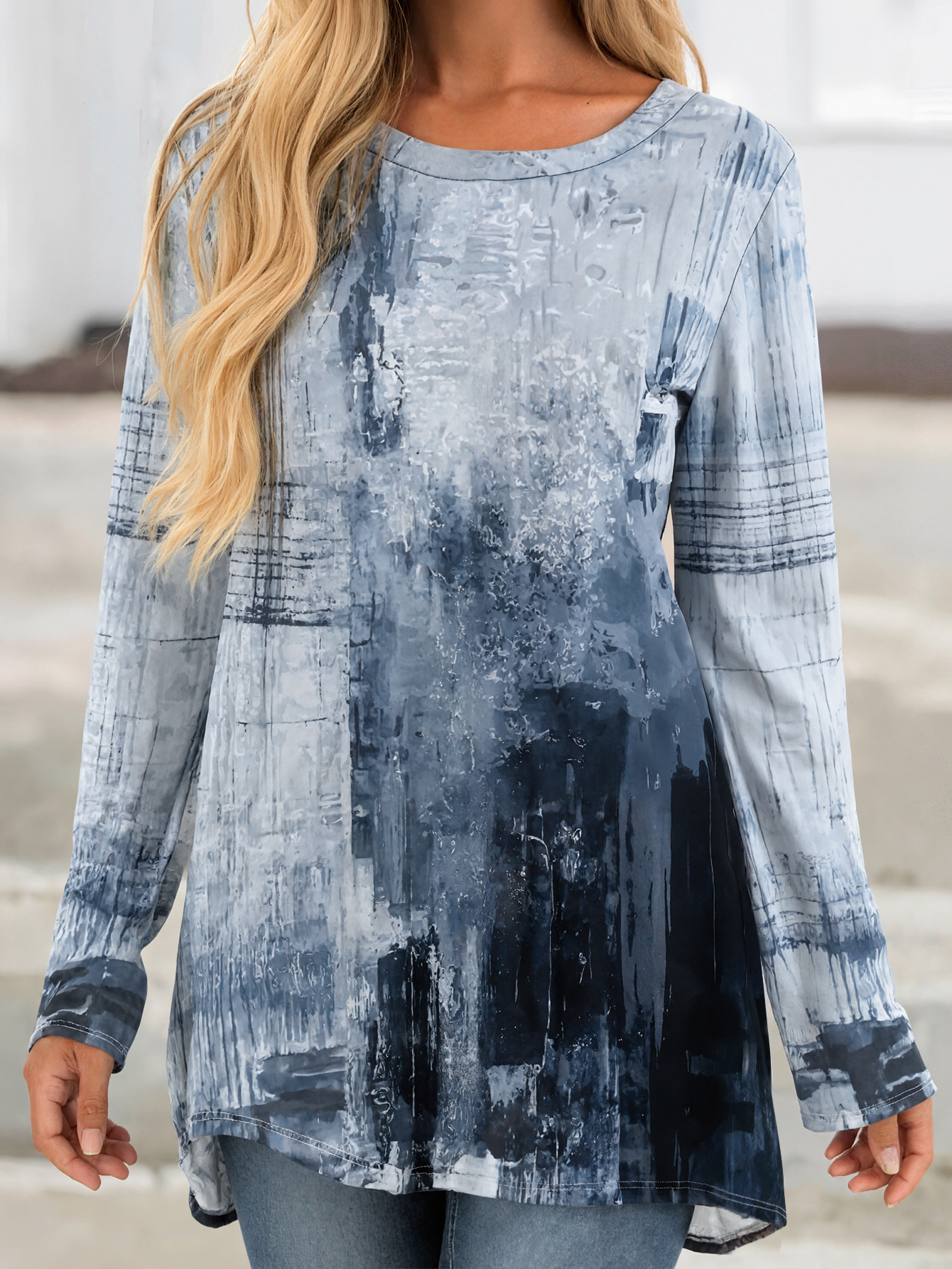 Women's Early Autumn New Full-Body Printed Crew Neck Long Sleeve T-Shirt, Milk Silk Fashion Vacation Women's Top (S-XXL, Blue)-CF53746