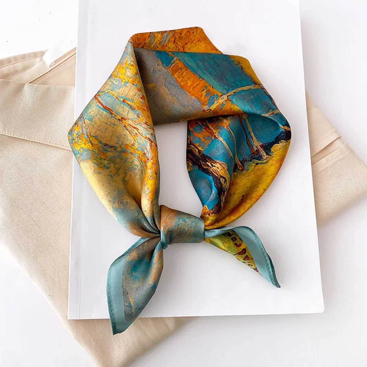 Tree Oil Painting Print Neckerchi ic Imitation Silk Square Scarf Breathab Bandana Wrap Hair AccoriesW251021