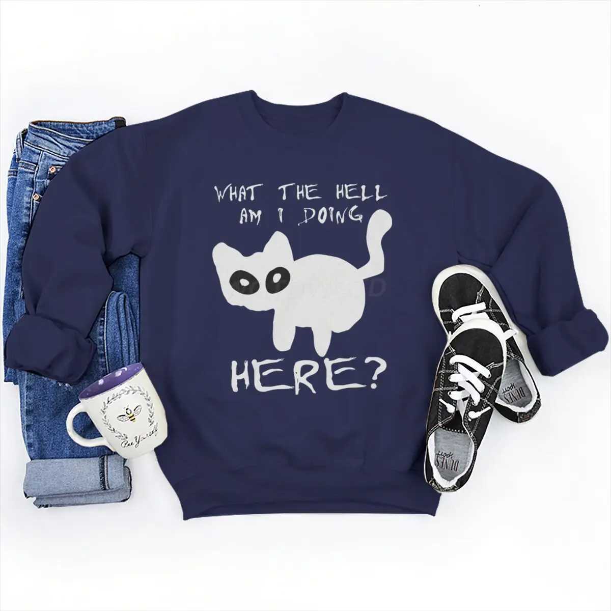 Mens Funny Cat Fashion Casual Hoodies Sweatshirts What The Hell Am I Doing Here Graphic Sweatshirt Street Men Women Clothing W251021