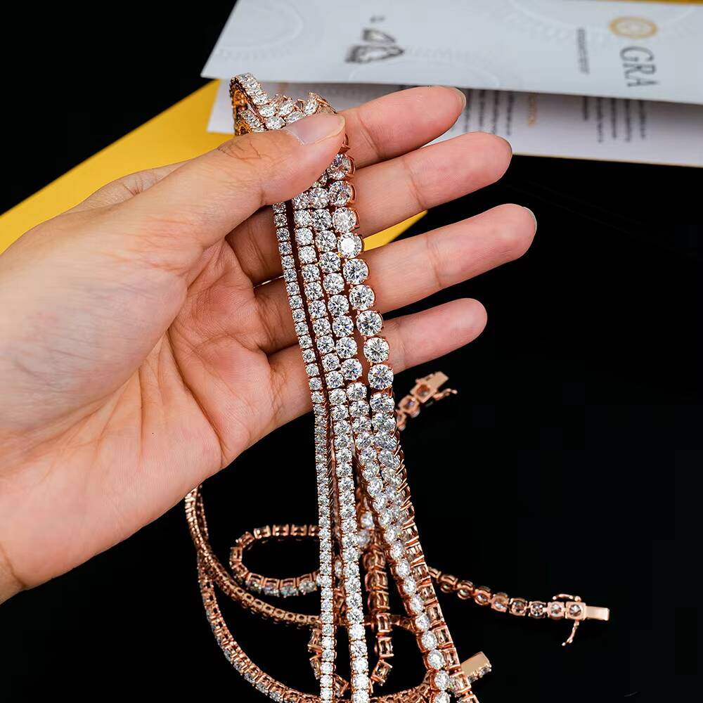 Custom Rose Gold Plated S925 Sterling Silver Moissanite Tennis Chain Necklace Trendy Link Style for Men Women Great Gift Idea