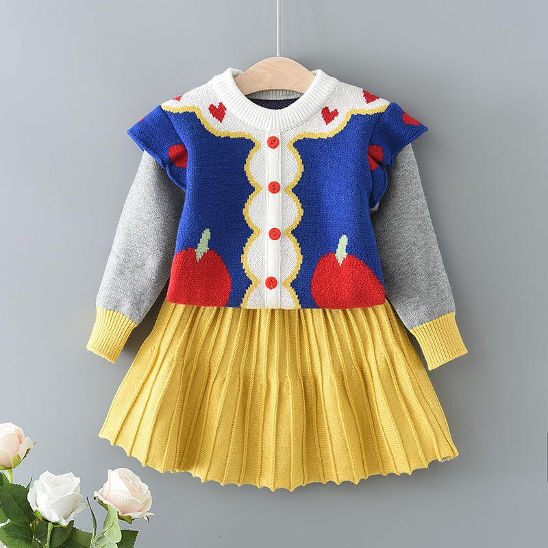 New European and American autumn and winter girl baby Snow White knitted designer set, children's fashion sweater pleated skirt two-piece set