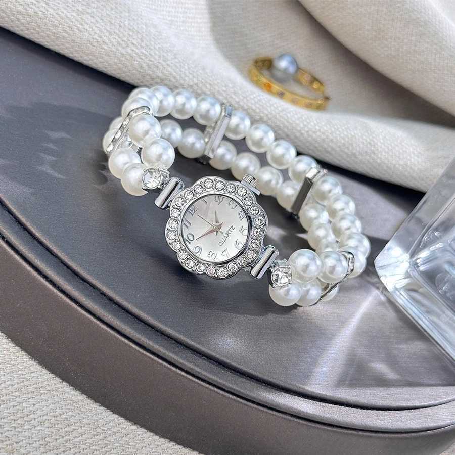 New ladies doublerow pearl diamondencrusted elastic str Arabic digital dial simple light luxury fashionable quartzXJ251021