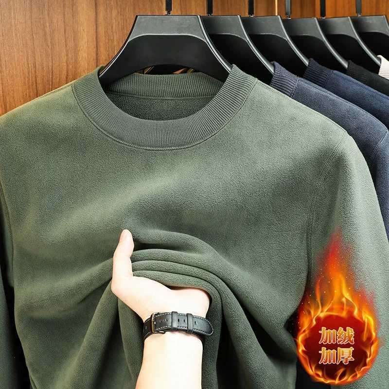 Mens Velvet Hoodie Long Sleeve round Neck Solid Color Autumn Winter Fashion Casual Versatile Top W251021