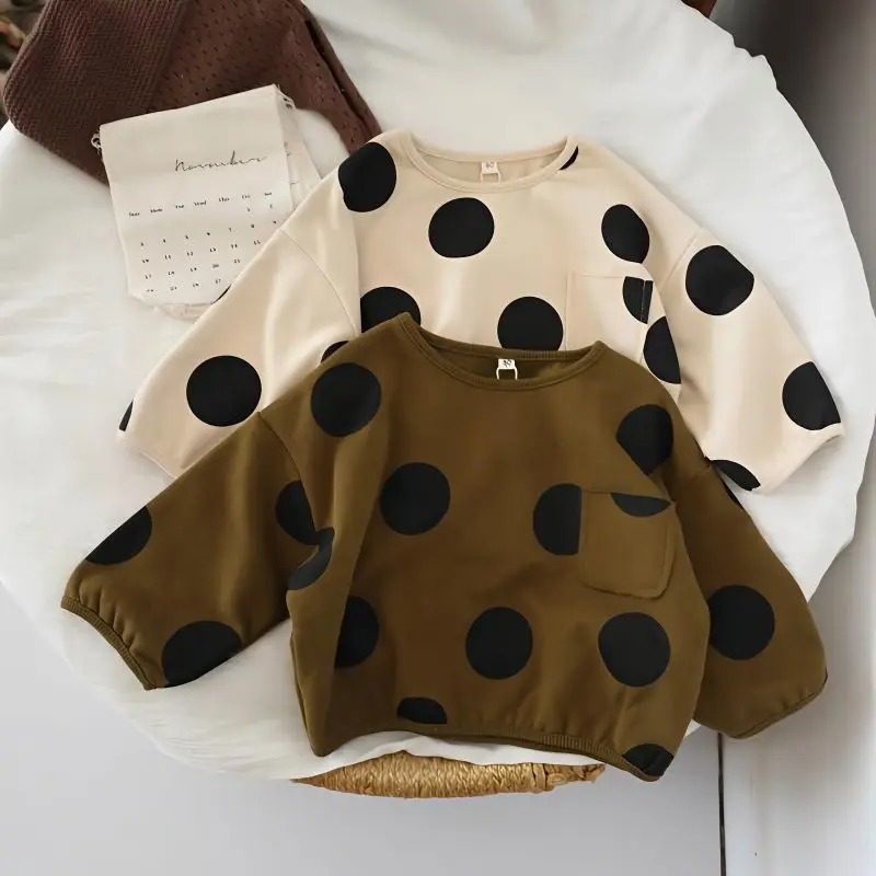 Korean Children Boy Sweatshirt Cotton Retro Dot Printed Toddler Kid Boyd Basic Shirts Loose Round Collar Kids Baby Pullovers 251018