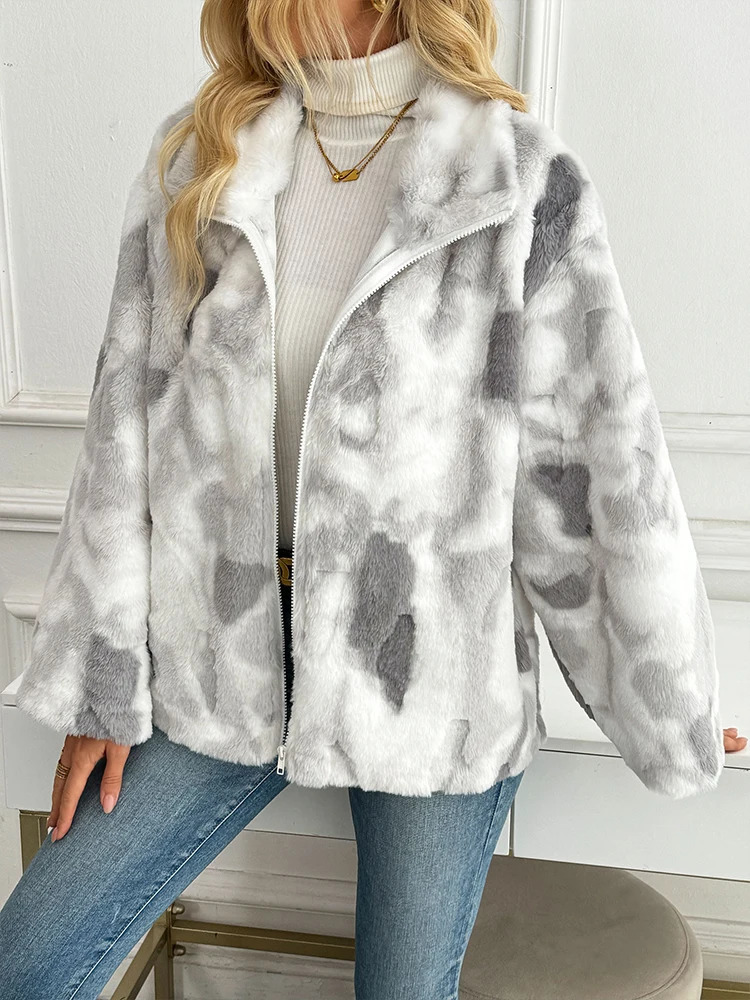 Fashion Tie Dye Lamb Fleece Jacket Women Autumn Winter Zipper Outerwear Warm Plush Jackets Harajuku Casual Female Thick Coat 251021