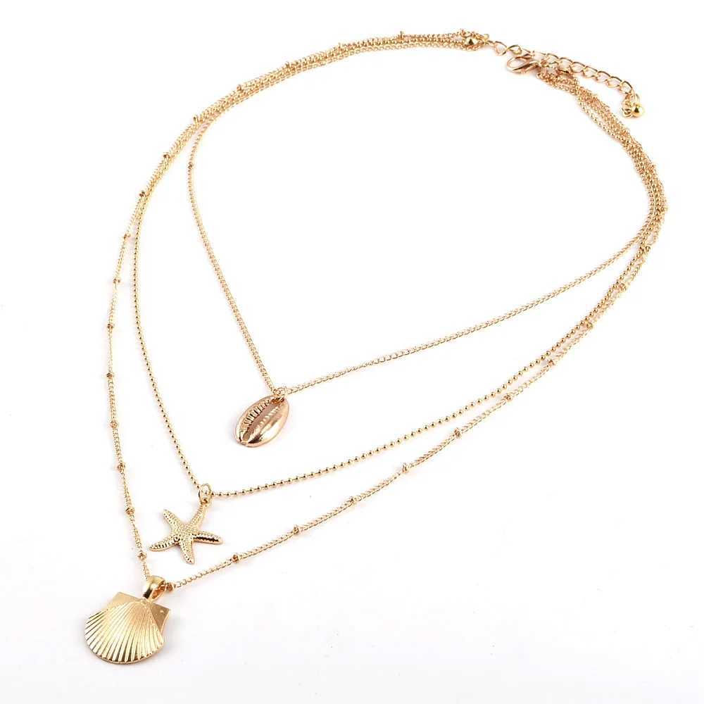 Vintage Starfish Multi-layer Necklaces Pendants for Women Girl Gold Color Beach Style Choker Long Necklace 2019 Boho Jewelry XJ250717