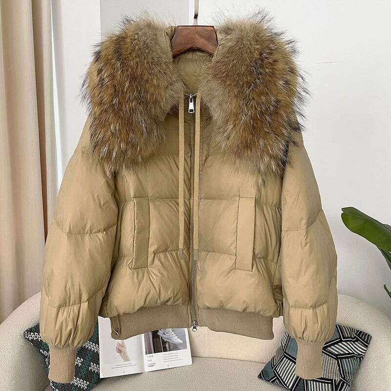 Women Clothing Ready to stock detachable oversized raccoon fur collar winter women short thickened white duck Warm jacket flat coat