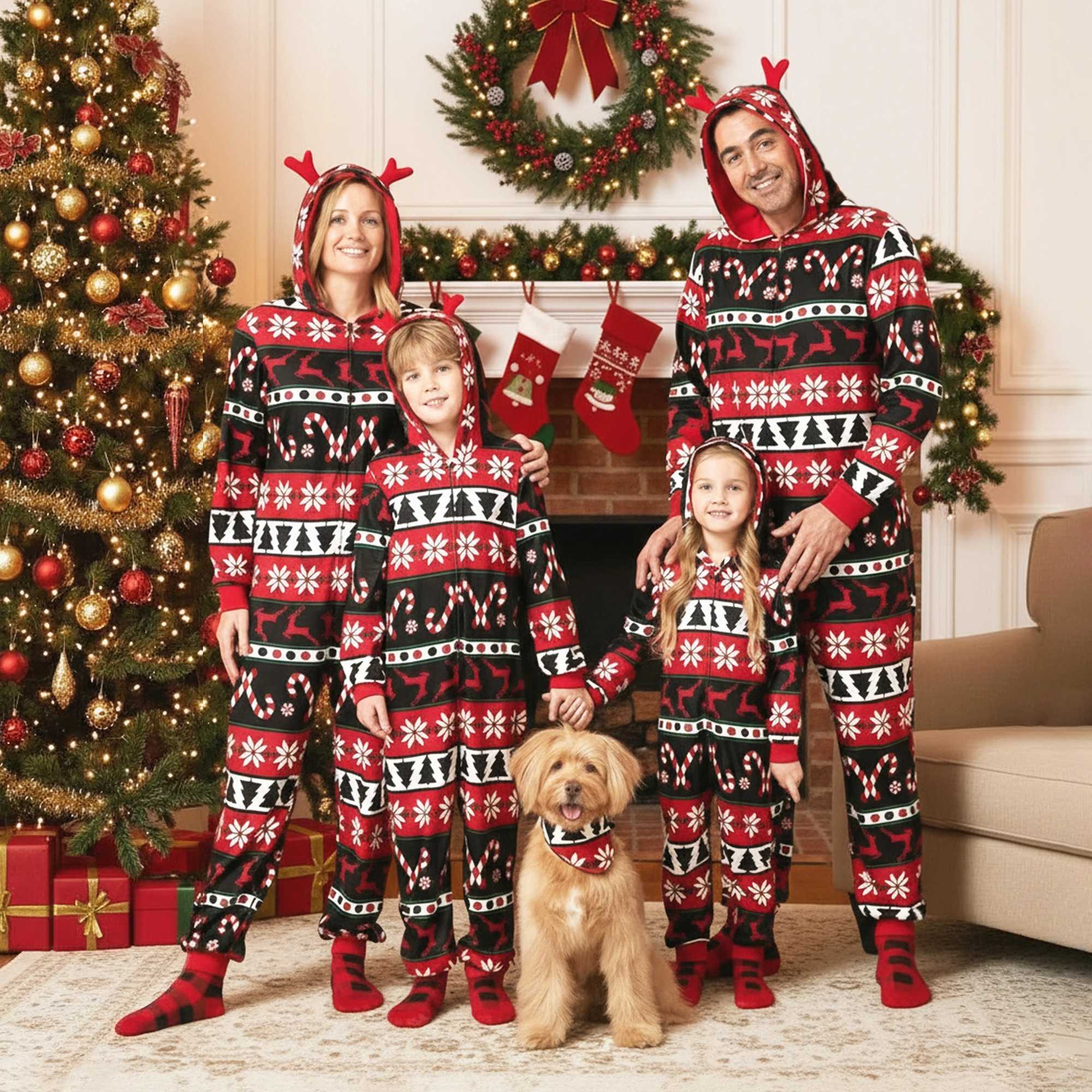 Christmas Family Pajamas 3D Reindeer Pattern Zip Up Hooded Onesie Matching Set L251021A496