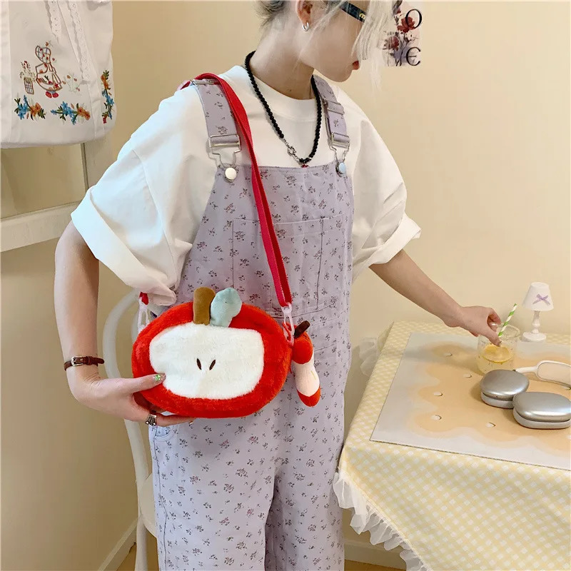 2025 women plush cute shoulder bag girl creative red Apple cartoon large capacity mobile phone bag 251021