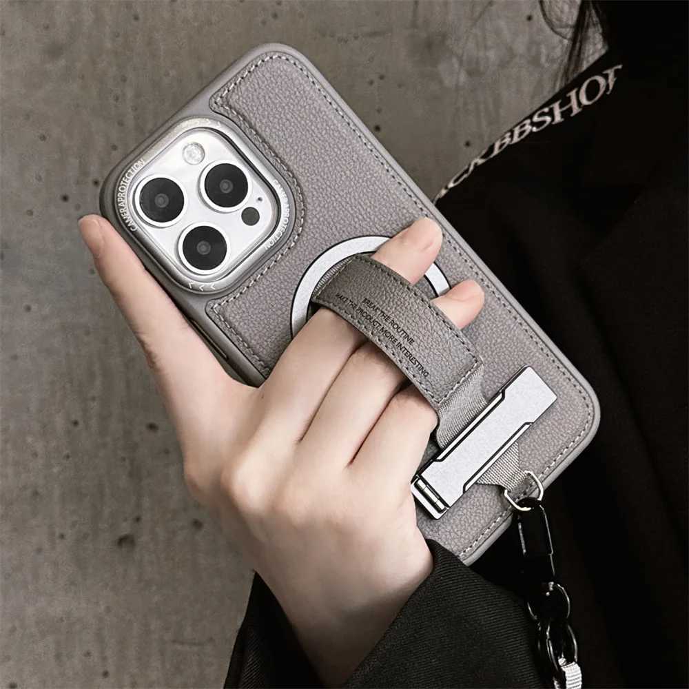 Crossbody Wrist Strap Rope Holder Phone Case for IPhone 16 Pro Max 15 14 13 Pro Magnetic Bracket Leather Protective Case J251114