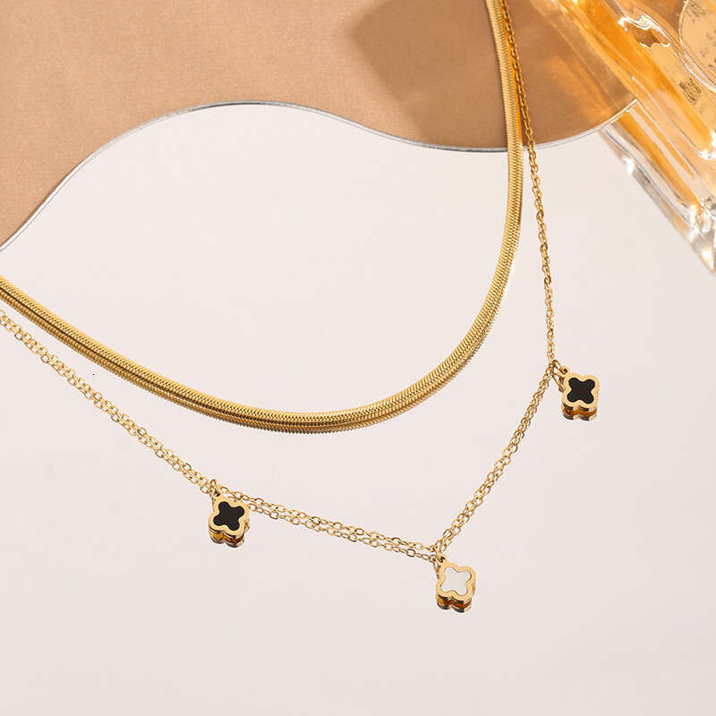Design Trendy Personality Fashion gold Double Layer Stacked Roman Four-Leaf Clover Designer Titanium Steel Necklace for Women Light Elegant Collarbone