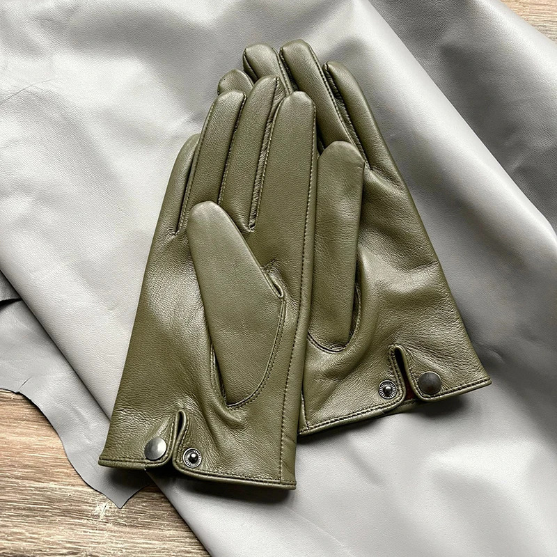 Mens Genuine leather gloves Elegant Army green Warm Gentleman sheepskin gloves in winter Wrist snap fastening 251020
