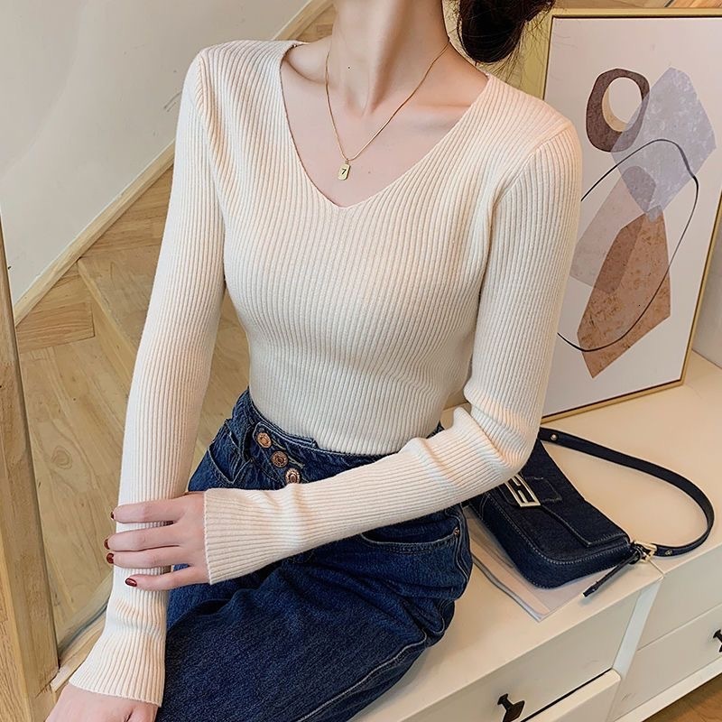 Women's Sweaters On Sale Winter Spring Women Casual Long Sleeve Knit V Neck Pullover Sweater Femme Basic Pull JerseyTops Fashion Blouses Clothes 
