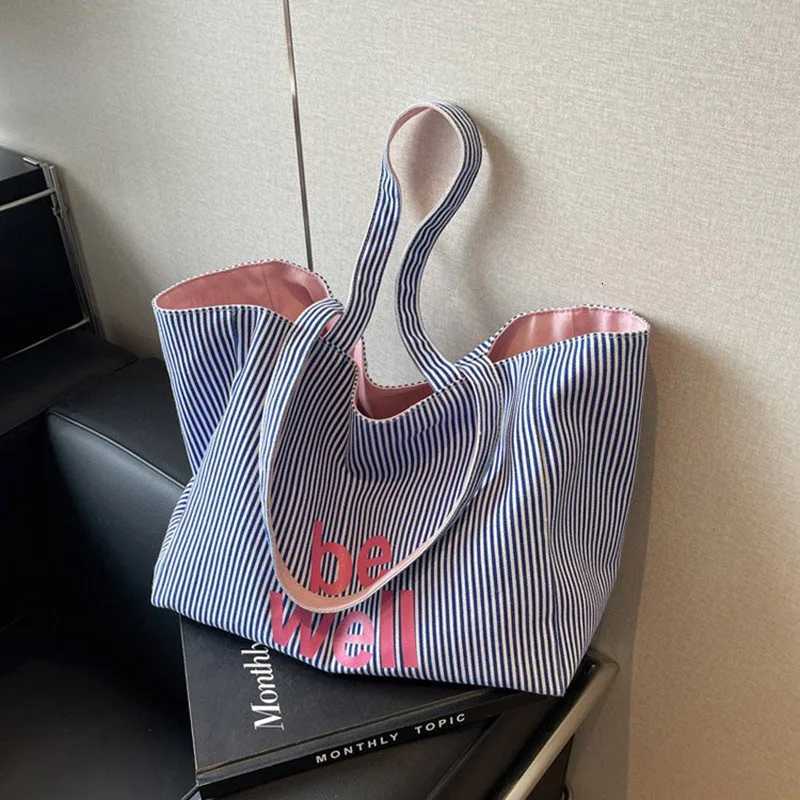 Casual Large Stripe Womens Shoulder Bag 2025 New Fashion Commuter Tote Bag High Capaci Canvas Handbag for Youth bolso mujerXJ251021