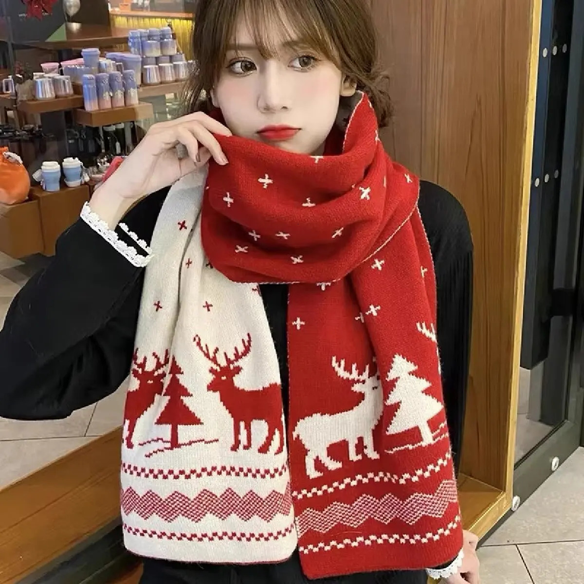 Winter Warm Scarf for Women Men Deer Elk DoubleSided Knitted Scarves Fashion Versatile Woolen Shawl Girls Christmas Present 251016