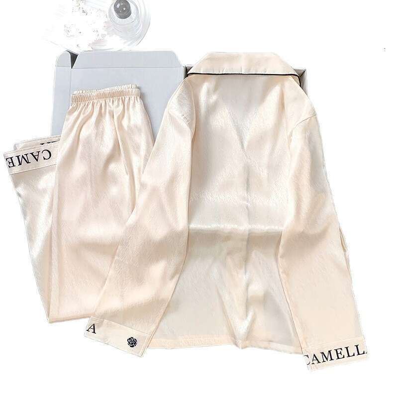 Ice Silk Pajamas for Women, Little Fragrance Style, Camellia, Spring Summer, Elegant High-end Feel, Letter Sleeve and Long Pants Homewear Set