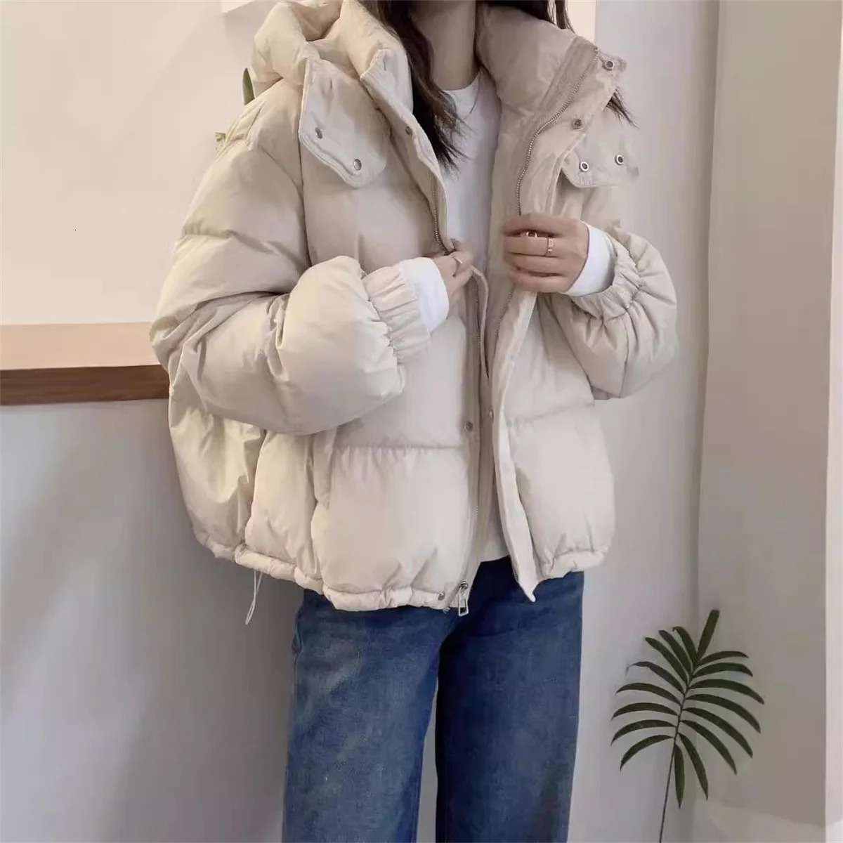 Women Korean Warm Parkas Hooded Winter Oversize Coat Thick Loose Puffer Jacket Female Long Sleeve Solid Fashion Zipper Outwear 251017