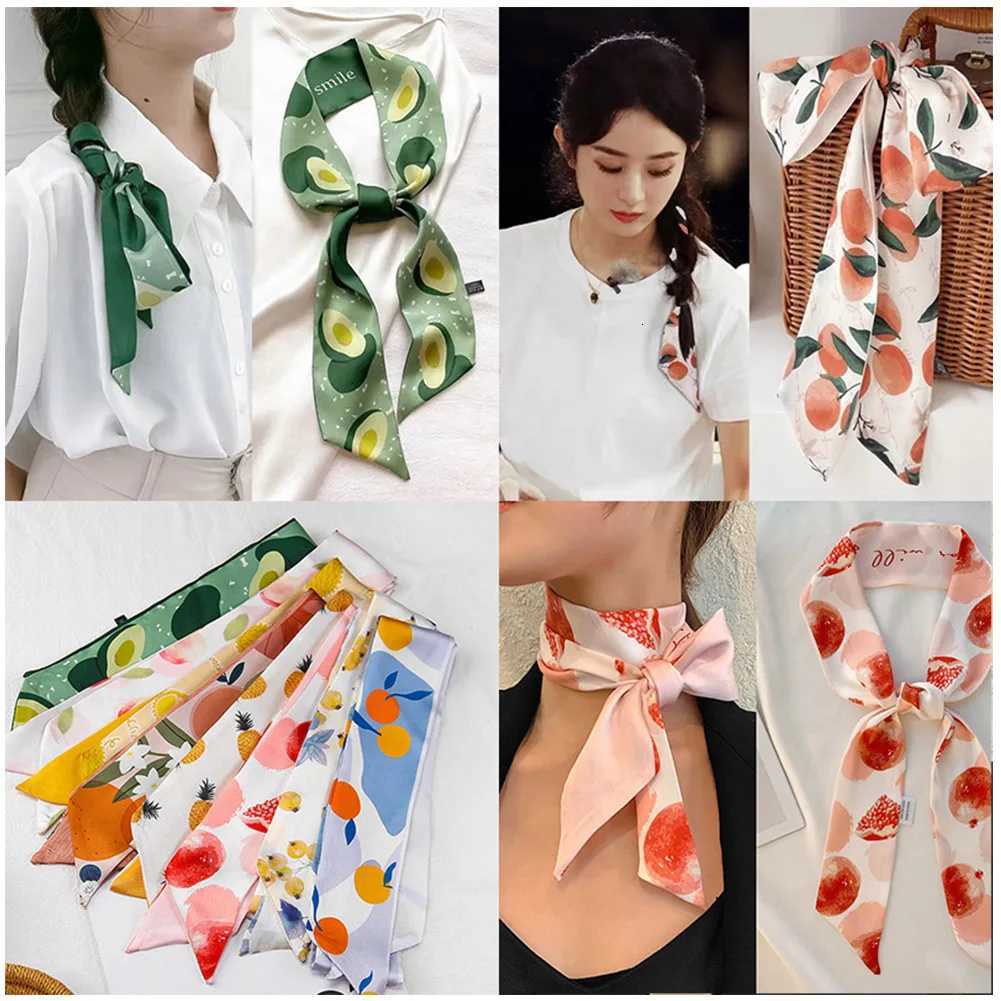 New Fashion Shawl Silk Fruit Printing Women Silk Scarves 90cm Long Lady Handkerchief Narrow Small Neck Scarf Neck Tie W251021