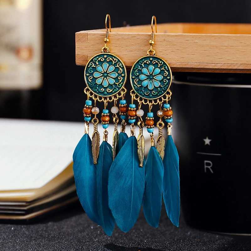Boho Long Feather Dangle Womens Earrings Beach Long Tassel Beads Handmade Flower Enamel Earrings Bride Wedding Pendientes Mujer J251021