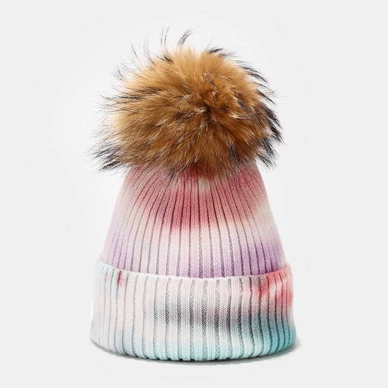 New Raccoon Fur Ball Knitted Hat for Women Autumn and Winter Fur Ball Hat Outdoor Windproof Corespun Yarn Hat H251020