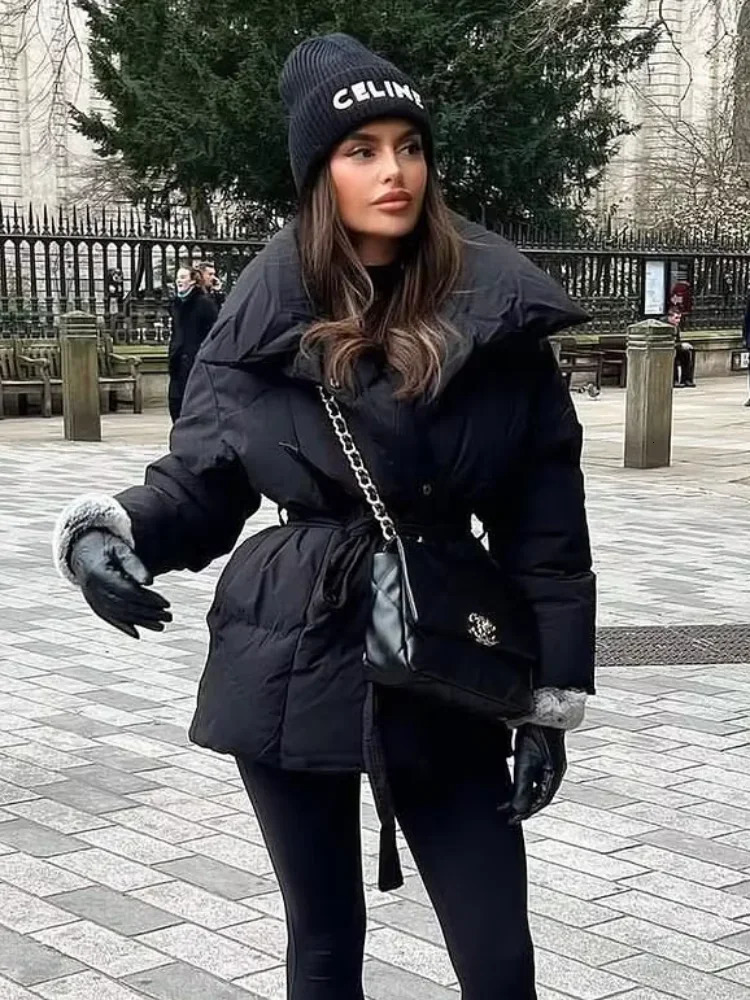 Solid Lapel Lace Up Cotton Coat Women Fashion Long Sleeve Warm Loose Pocket Short Coats Lady Winter Commute Street Outwears 251021