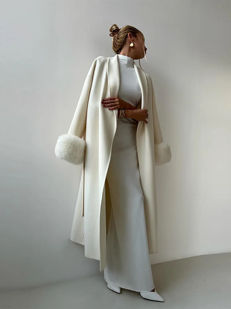 Street Furry Patchwork Slim Womens Long Woolen Overcoats Vneck Full Sleeve Lace Up Coats Fashion Office Lady Autumn Outerwears 251017